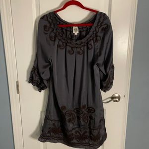 Grey dress silk like fabric with brown embroidery size Large LIKENEW